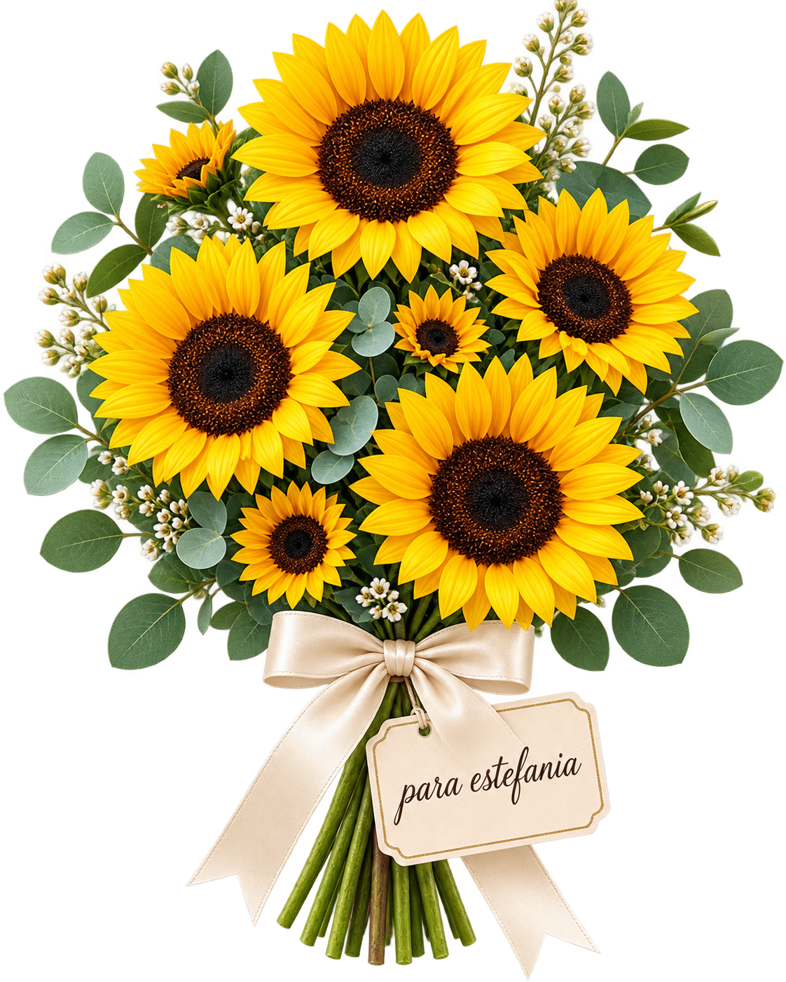 Ramo de girasoles amarillos con una tarjeta para Estefanía