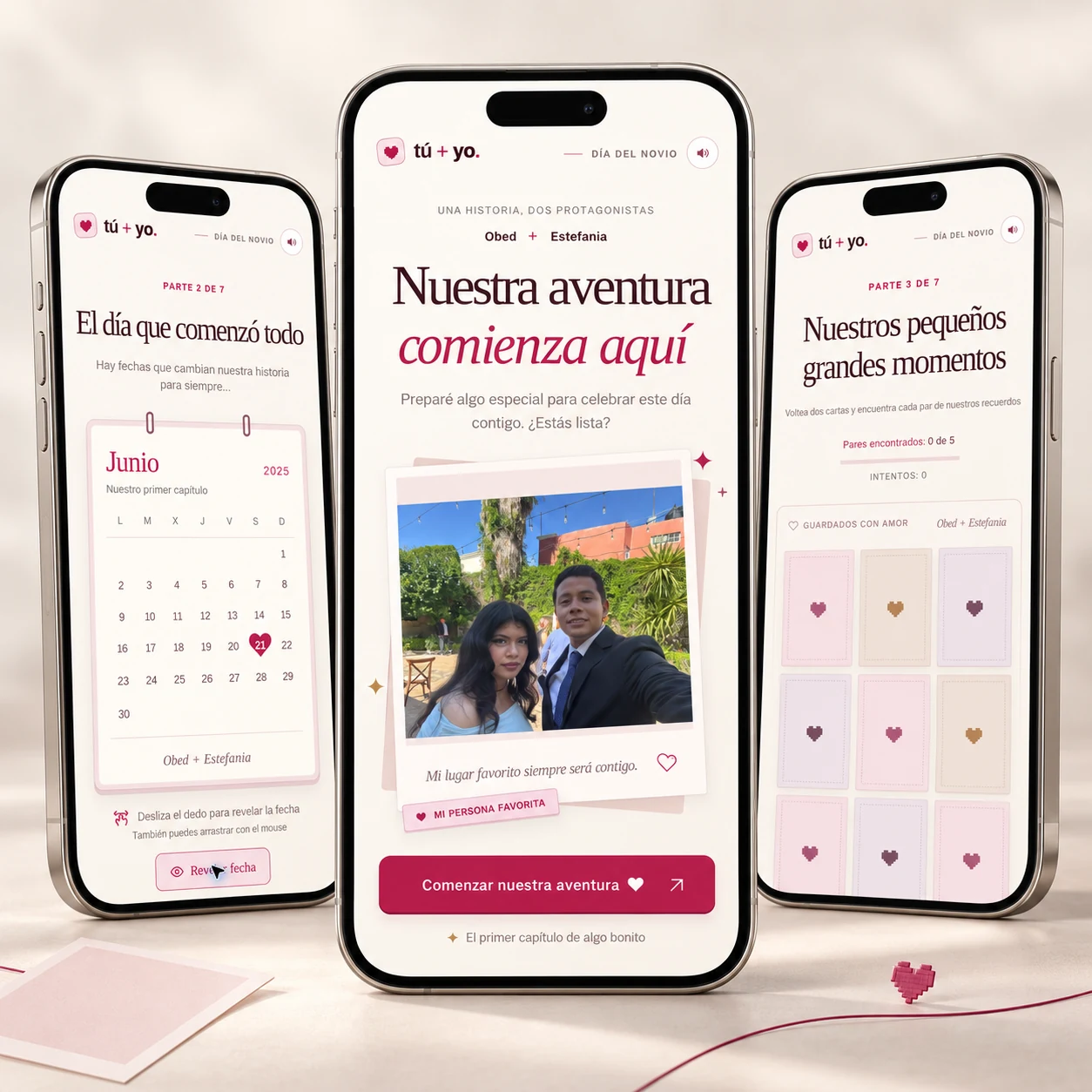 Día del Novio en tres teléfonos: bienvenida de la pareja, calendario y juego de recuerdos.