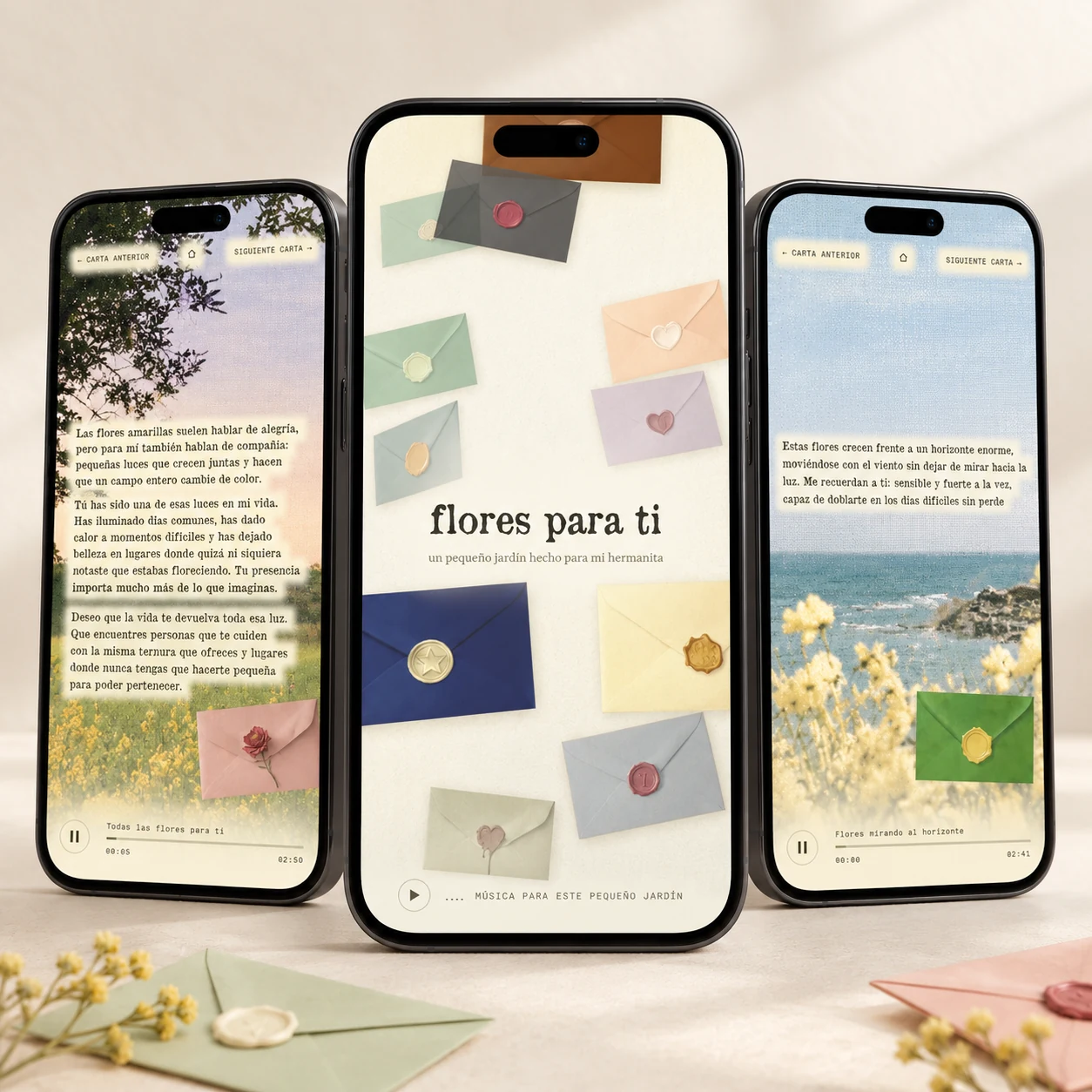 Flores para ti en tres teléfonos: sobres de colores y cartas con paisajes de flores.