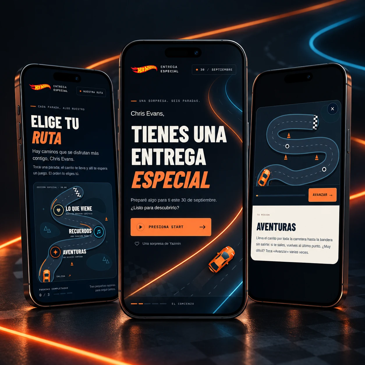 Hot Wheels en tres teléfonos: entrega especial, mapa de rutas y minijuego de carrera.