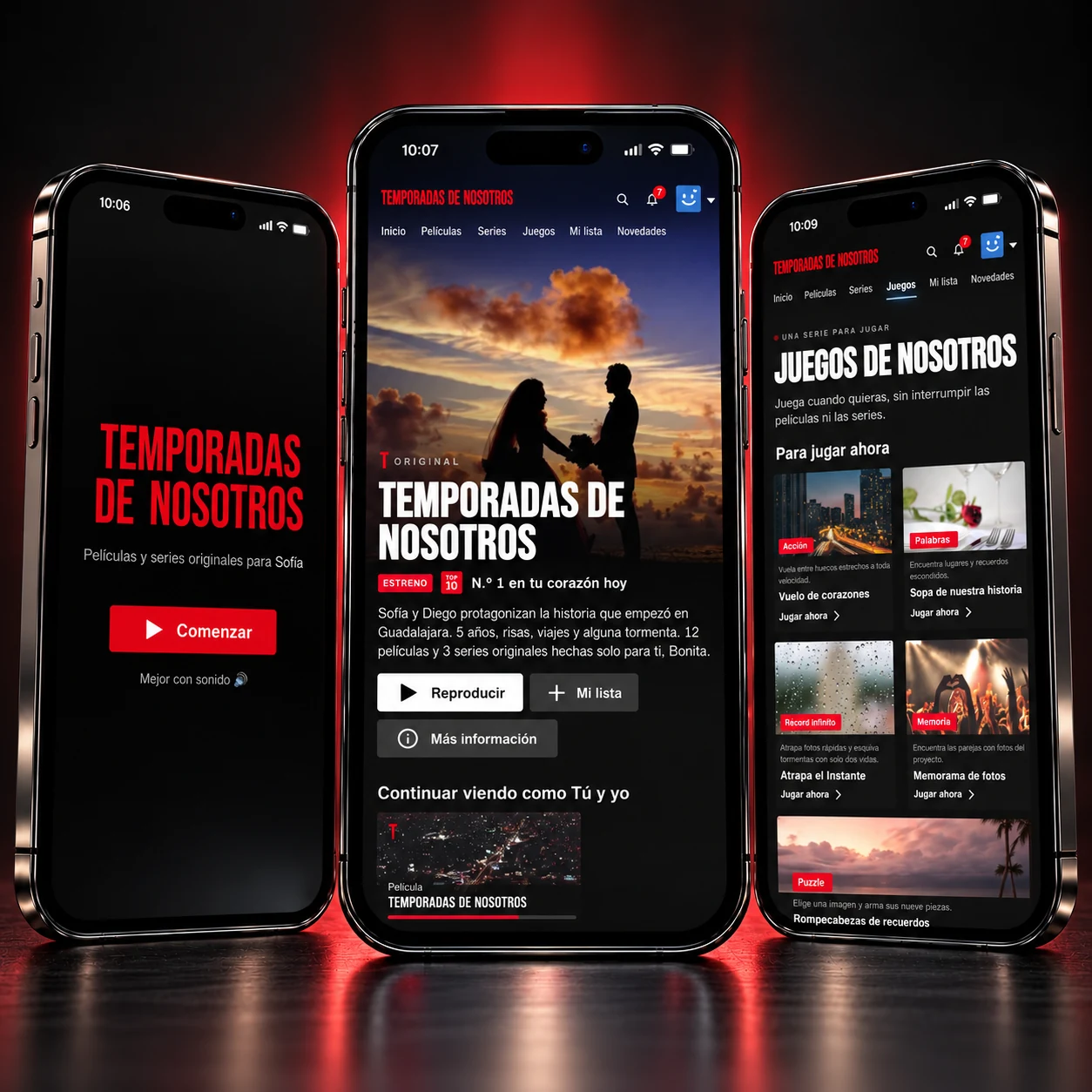 Temporadas de Nosotros en tres teléfonos: bienvenida, catálogo de historias y juegos de la pareja en una plataforma de streaming.