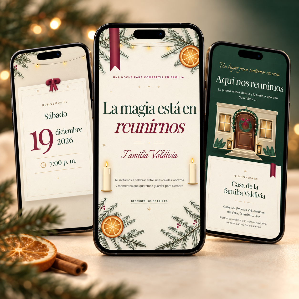 Abrazos de Diciembre en tres teléfonos: portada navideña, fecha de la reunión y dirección de la casa familiar