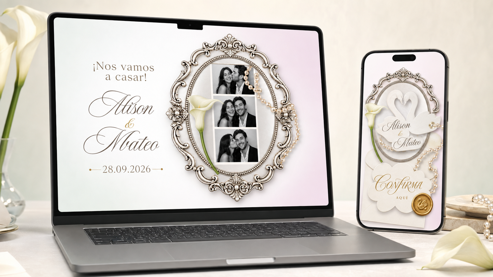 Vista de la invitación de boda de Alison y Mateo en computadora y teléfono
