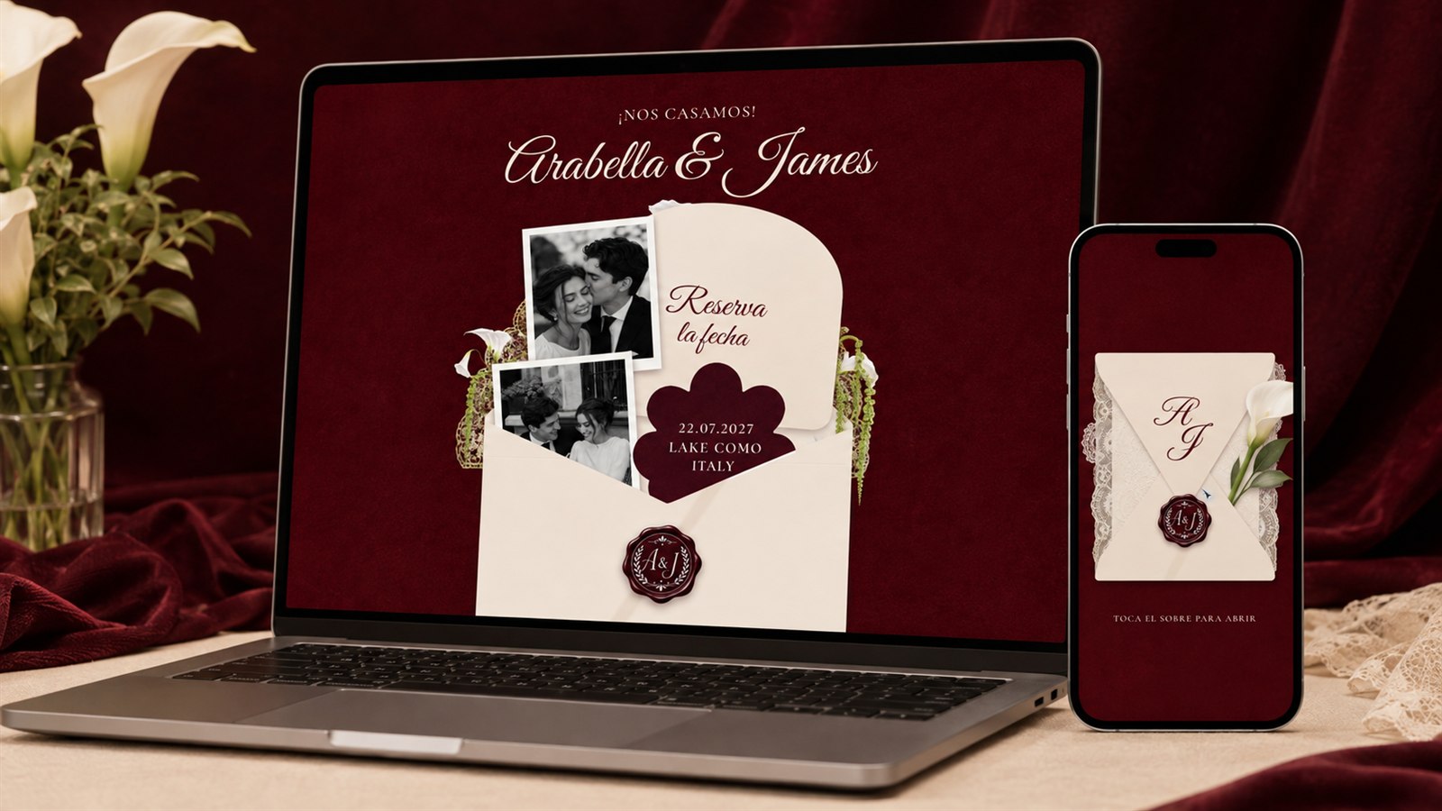 Vista de la invitación de Arabella y James en computadora y teléfono