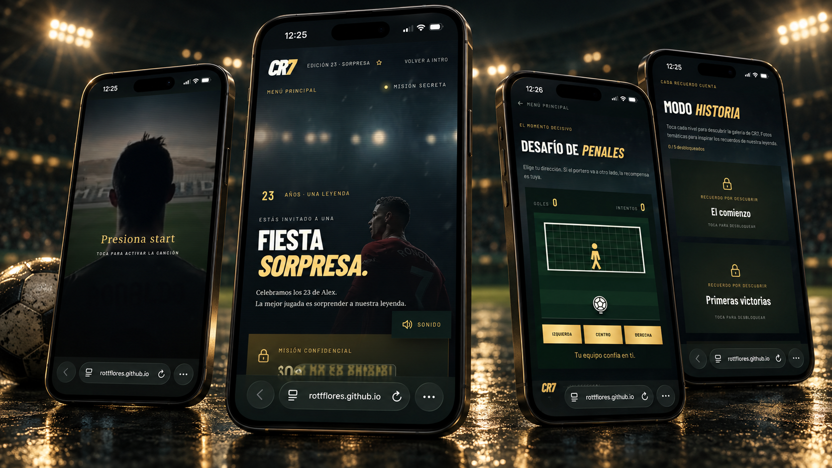 Vista de la invitación CR7 Misión Sorpresa en varios teléfonos