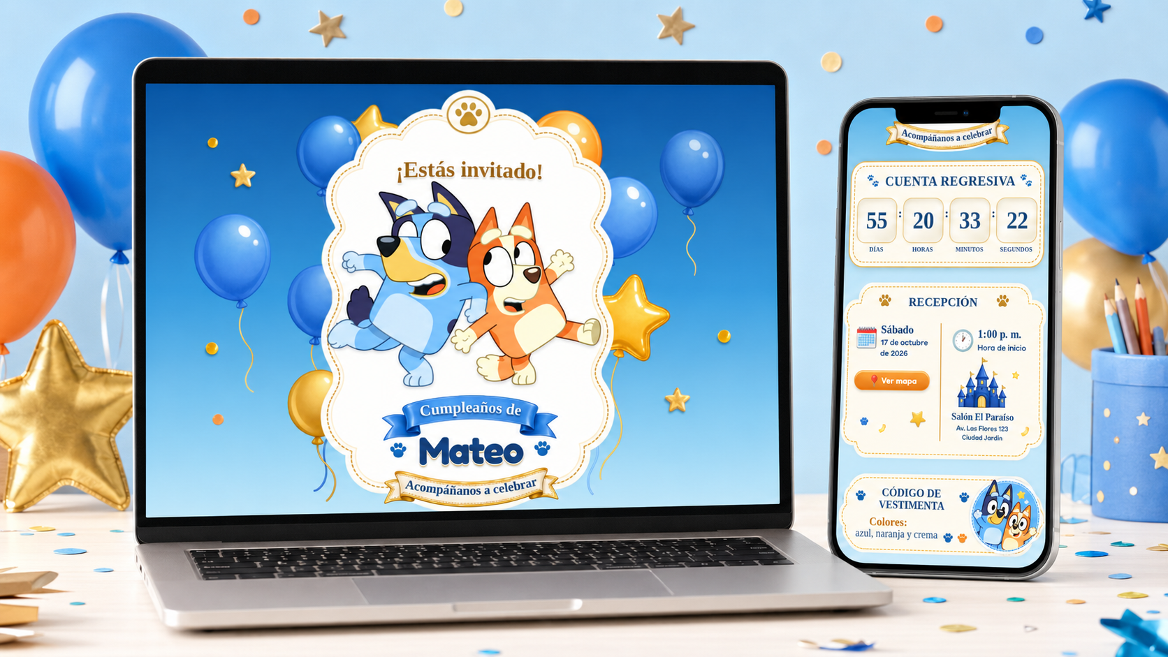 Vista de la invitación de cumpleaños de Mateo inspirada en Bluey en computadora y teléfono