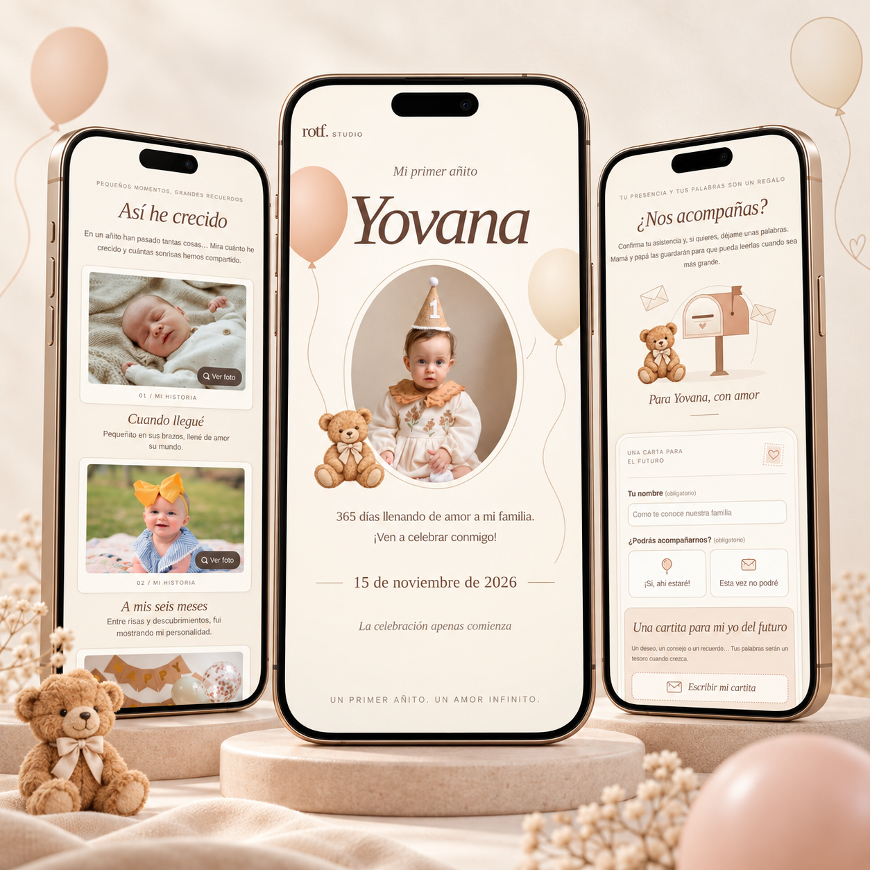 Vista de Mi primer añito para Yovana en tres teléfonos: portada, recuerdos y confirmación