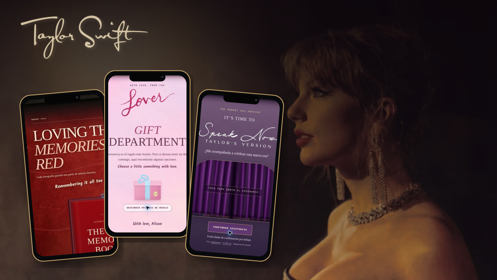 Vista previa de la invitación de Taylor Swift con tres pantallas de recuerdos, regalos y confirmación
