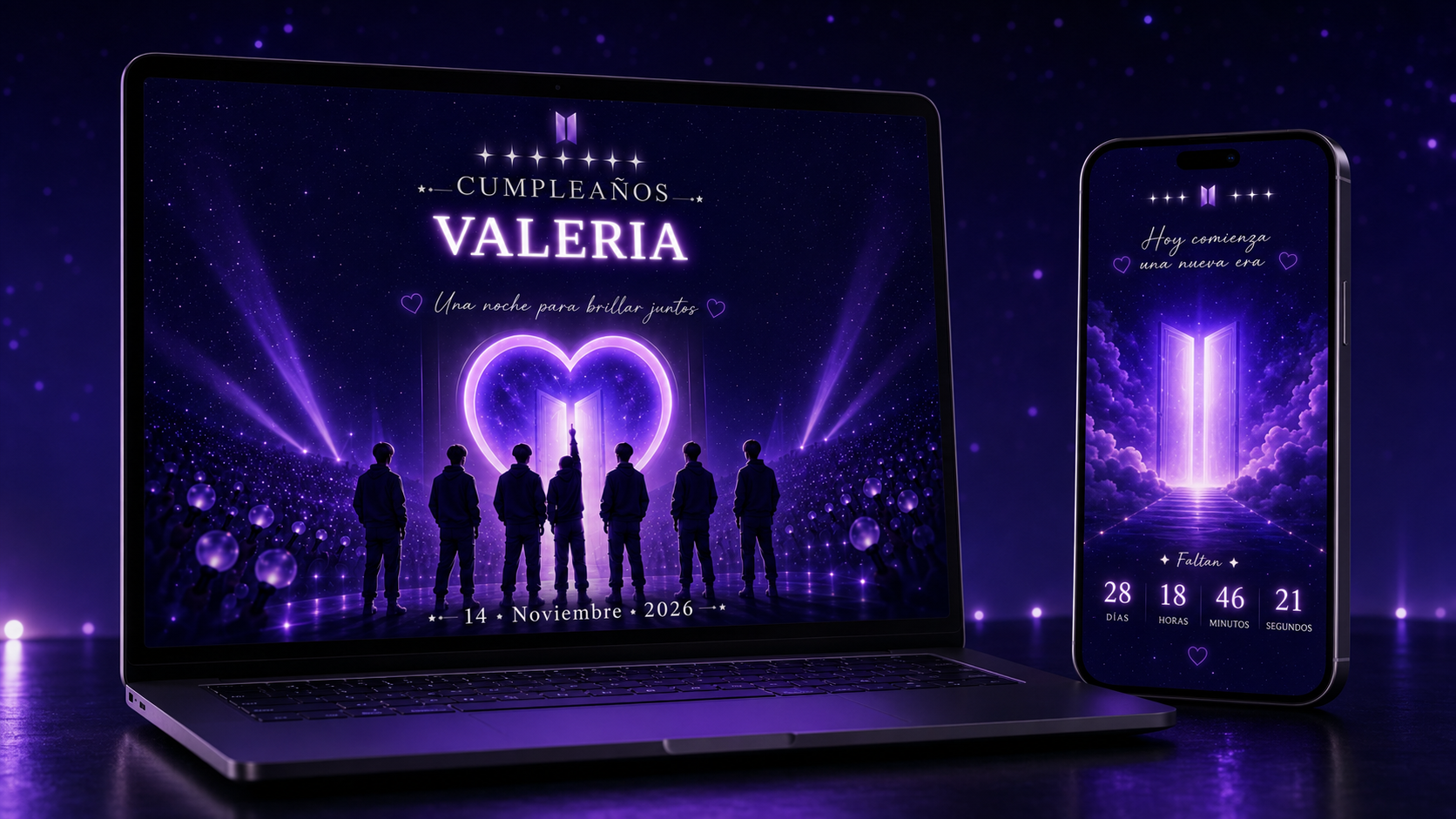 Vista de la invitación de cumpleaños de Valeria inspirada en BTS en computadora y teléfono