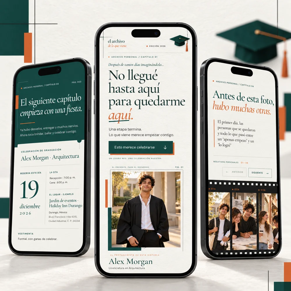 Vista de la invitación de graduación El archivo de lo que viene en tres teléfonos: portada, celebración y recuerdos