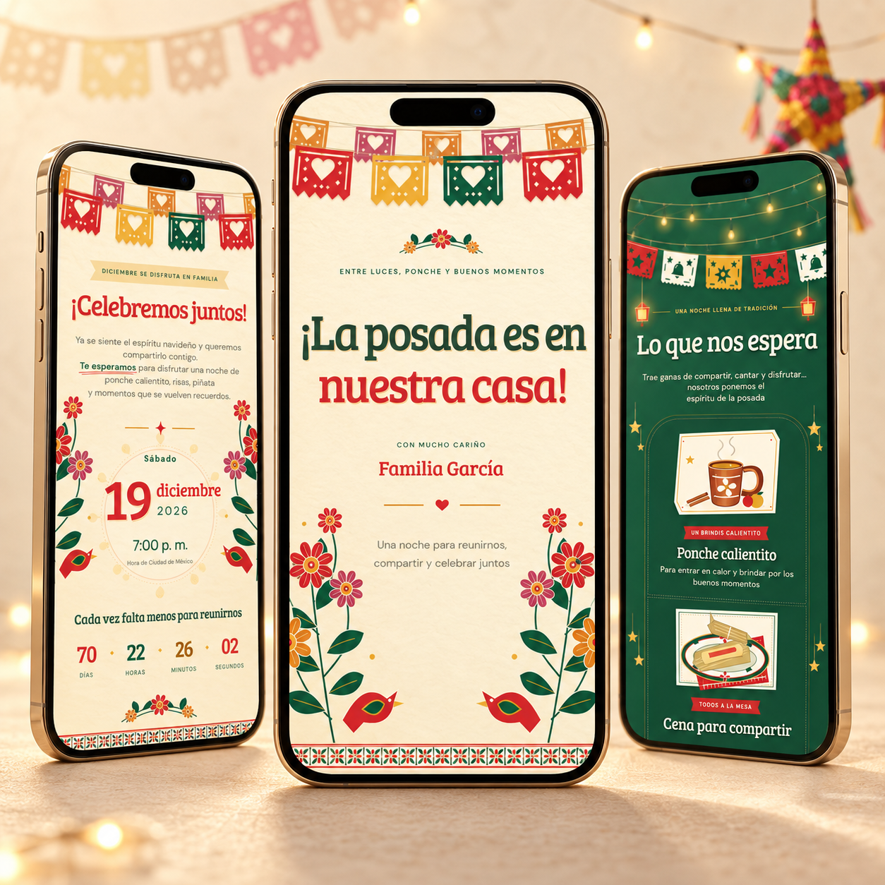 Posada Dorada en tres teléfonos: portada con papel picado, fecha y cuenta regresiva, y detalles de ponche y cena