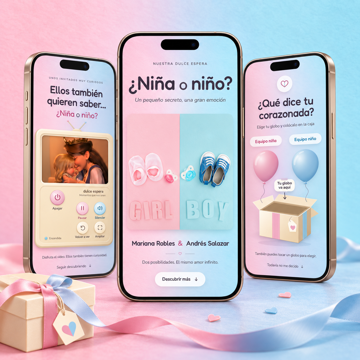 Vista de Rosa o Azulado en tres teléfonos: bienvenida rosa y azul, detalles para niña o niño y elección con globos