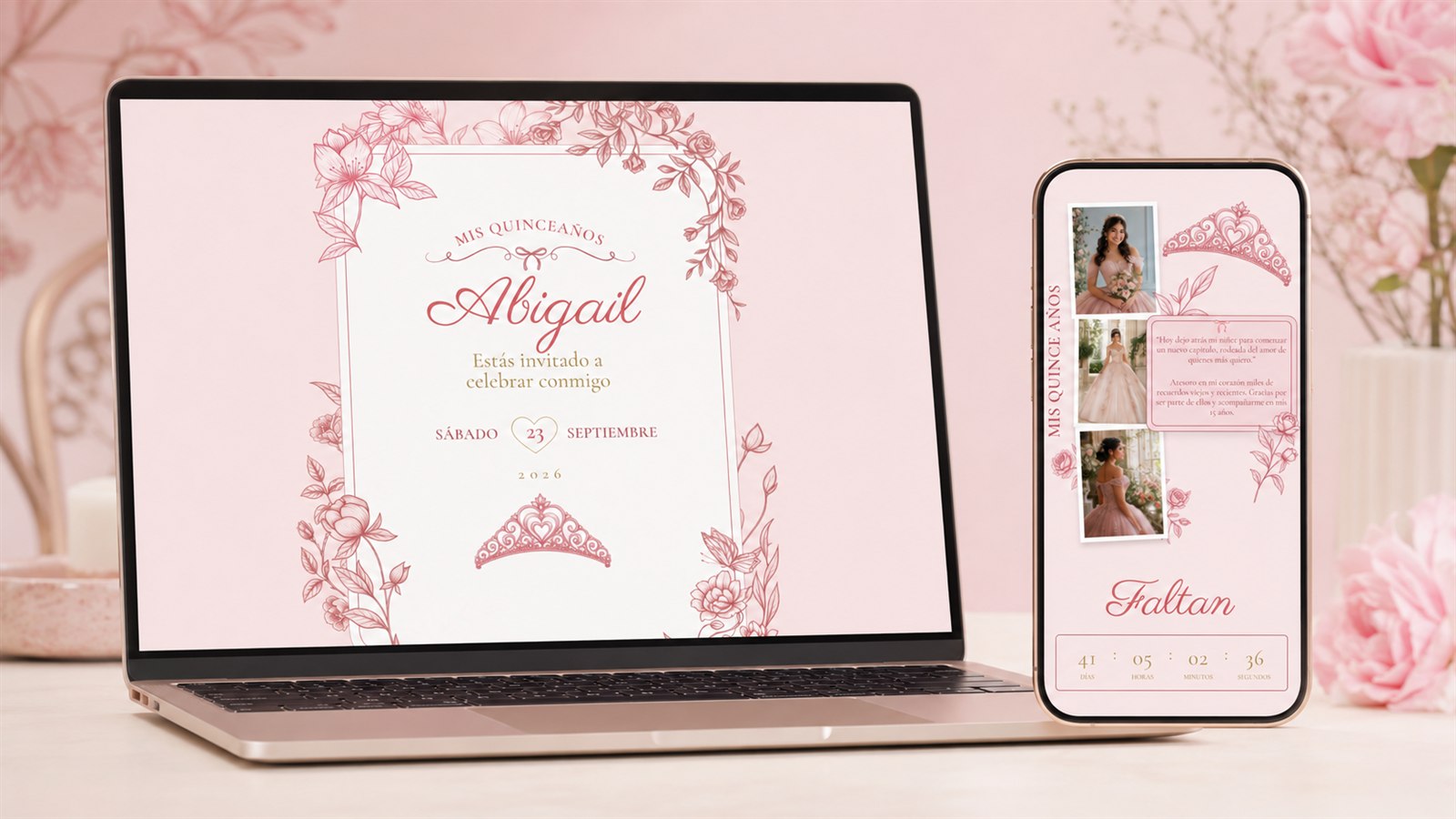 Vista de la invitación de XV años de Abigail en computadora y teléfono