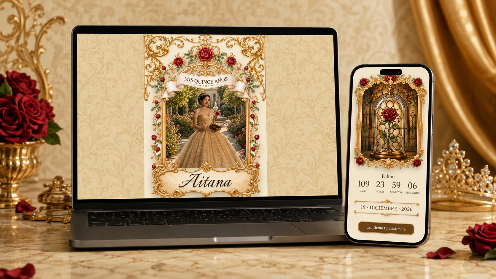 Vista de la invitación de XV años de Aitana en computadora y teléfono