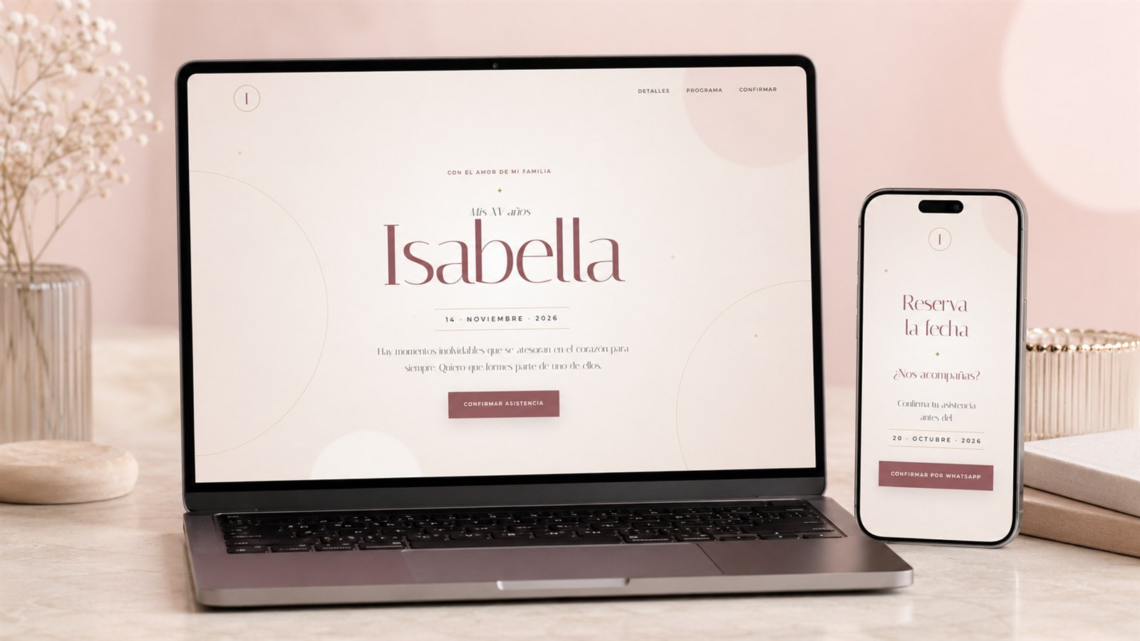 Vista de la invitación de XV años de Isabella en computadora y teléfono